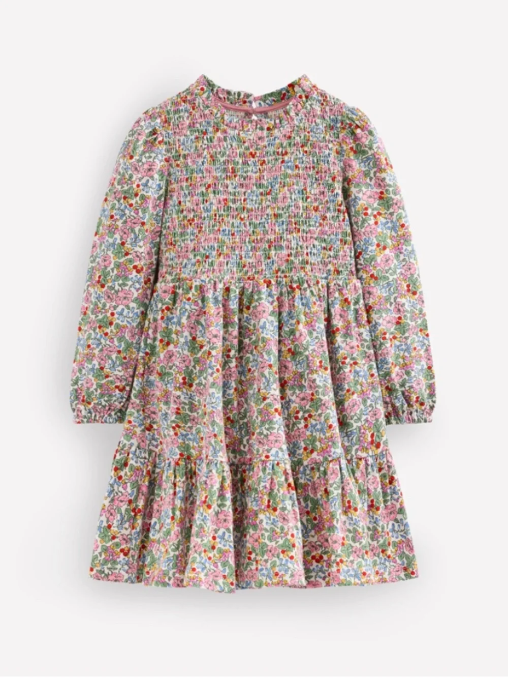 Mini Boden - Pink Berry Floral Aurora Smocked Long Sleeve Dress, Size 8-9y